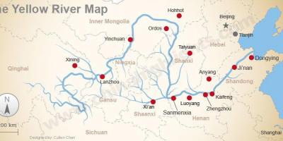 Gula floden i Kina map - Kinas karta och gula flodens Östra asien - Asien)