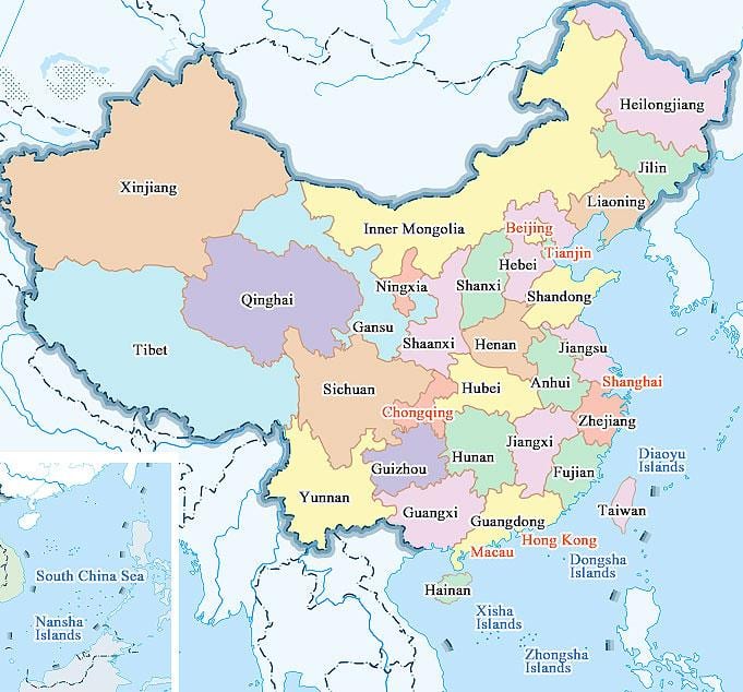 Kina karta städer och provinser