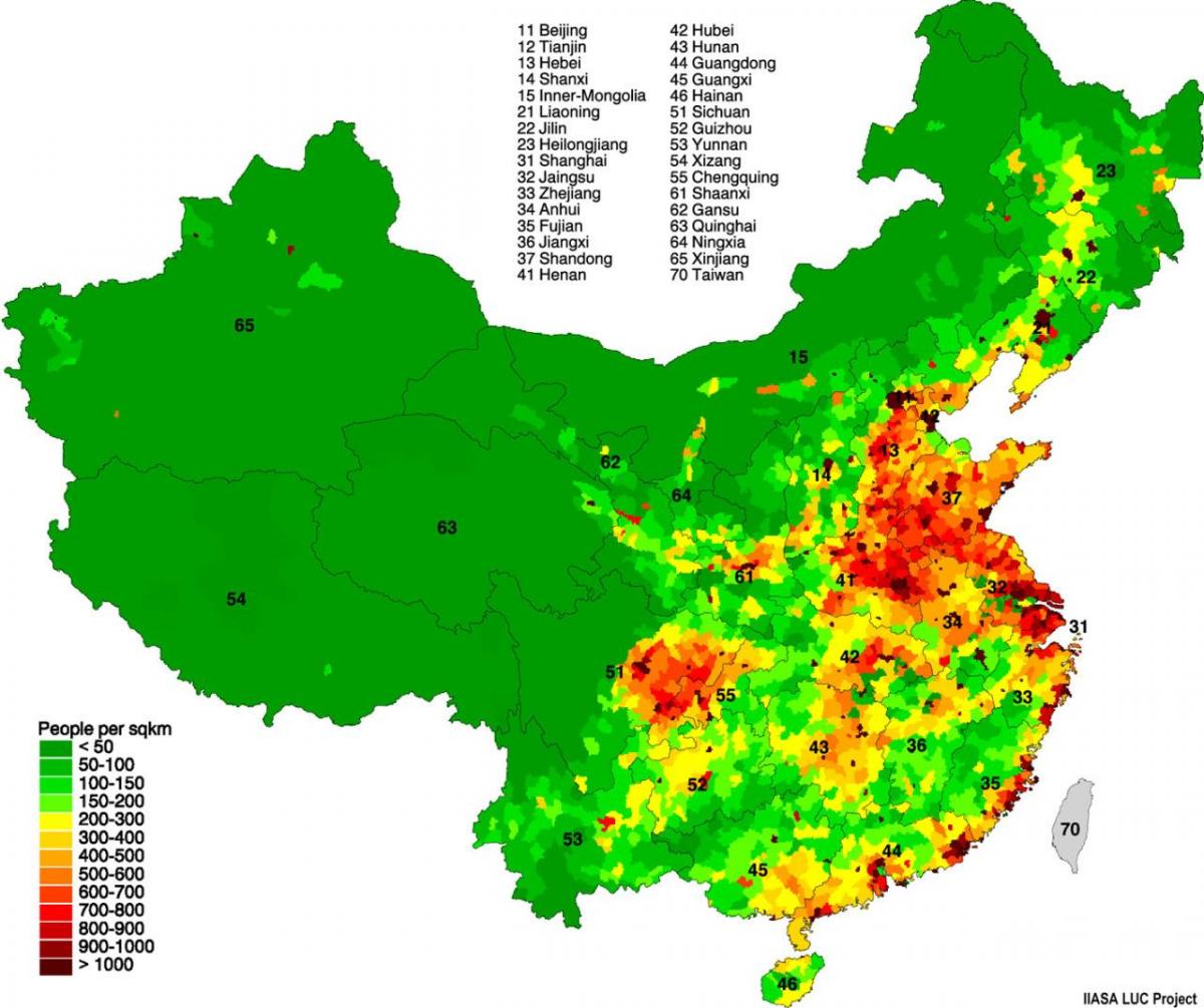 befolkningsfördelning karta över Kina