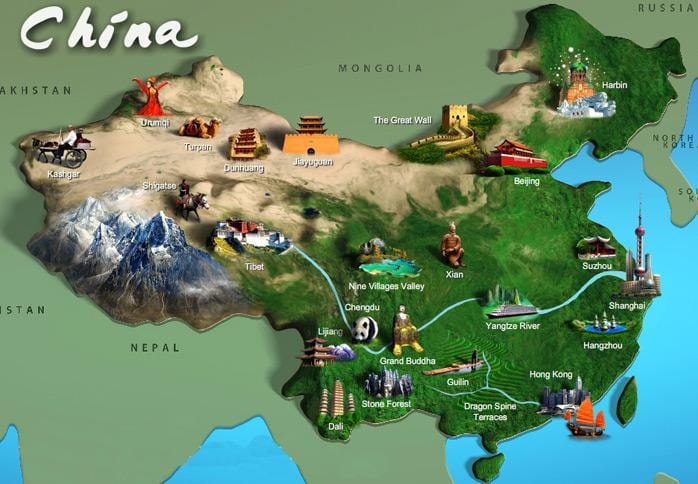 karta över Kina turistattraktioner